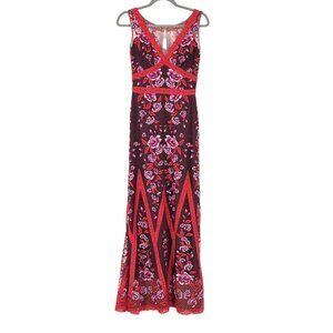 Marchesa Notte Wine Floral Embroidered Lace Maxi Gown